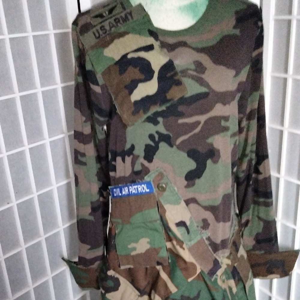 Upcycle / Refurbished Camouflage Asymmetrical Long Sleeve Maxi Dress - Picture 16 of 16